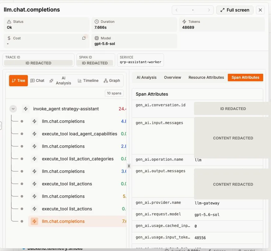 OpenLIT 中一次 48,556 输入 Token、0 Cached Token 的请求；正文、会话与 Trace 标识已脱敏